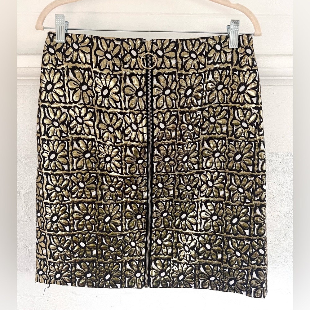 J. McLaughlin Perita Mini Skirt Vintage Daisy Gold Metallic Brocade Zip Front - Picture 2 of 14
